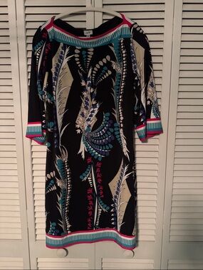 Cache Black Shift Dress with Teal and Pink Trim